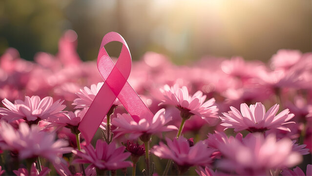 pink ribbon breast cancer support awareness month on growing field of flowers, ai