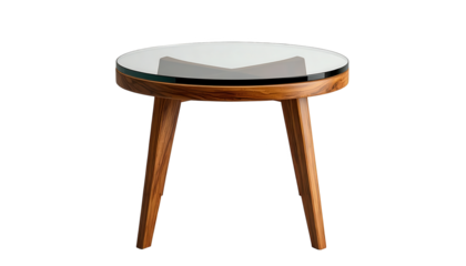 Elegant, modern side table featuring a round, white tabletop with a dark border, supported by three angled wooden legs, set against a completely black background creating a sophisticated look and...