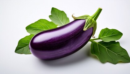 Fresh And Vibrant Purple Eggplant With Leaf On White Background Ideal For Culinary And Health Themed Art And Designs