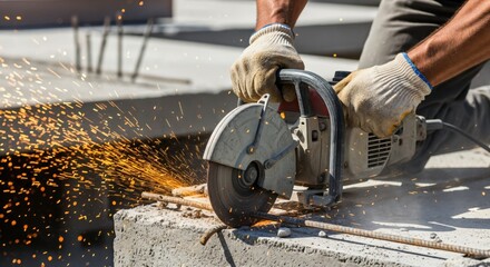 Adult male construction worker wearing protective gloves operating a powerful cut-off saw to slice through metal rebar, generating a shower of bright sparks at a building site.