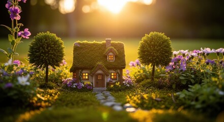 Miniature Cozy House with Moss Roof Surrounded by Flowers and Trees in Sunset Light