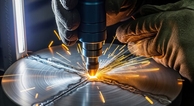 Close-up of industrial metal welding process with bright sparks and a gloved hand, showcasing precision fabrication.