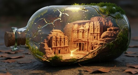 Ancient Carved Rock-cut Structures Inside Glass Bottle Surrounded by Green Moss on Wooden Surface