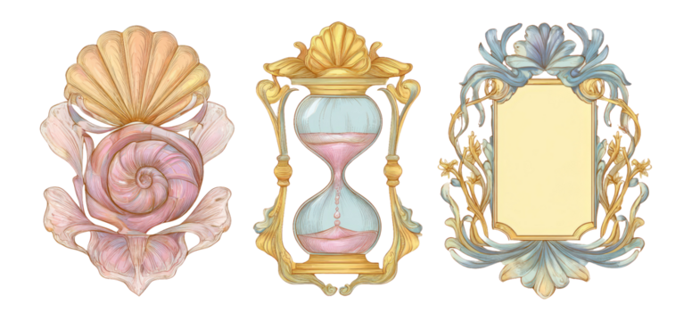 Elegant Vintage Frame Set with Hourglass, Shell, and Decorative Elements