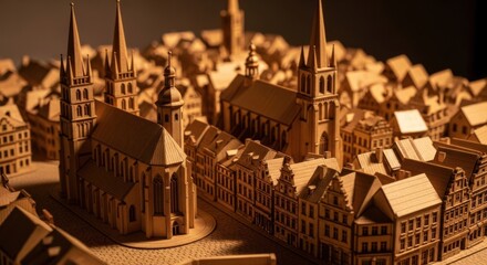 Wooden Architectural Model of Historic European City with Churches and Townhouses in Warm Lighting
