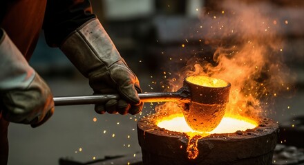 Metal Casting Process: Skilled Worker Pouring Molten Metal in Foundry Workshop