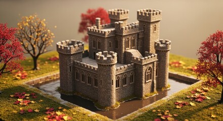 Miniature Castle Model in Scenic Garden with Autumn Trees and Water Moat
