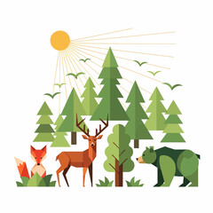 Naklejka premium A vibrant illustration of a forest scene featuring a fox, deer, and bear under a bright sun with stylized trees and birds.