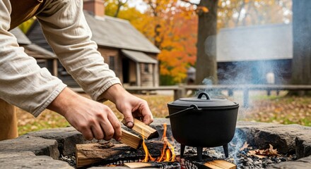 Fototapeta premium Man's hands adding firewood to a crackling campfire with a cast iron pot cooking outdoors in an autumn historical village setting.