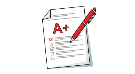 School test paper with perfect A+ grade and red pen, vector illustration representing educational success and achievement isolated on transparent background.