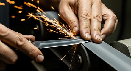 Close-up of a craftsman's hands carefully sharpening a metal knife blade on a powerful belt grinder, creating bright orange sparks in a workshop setting.