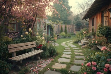 Obraz premium Garden View on a typical rustic garden ,pastel vintage