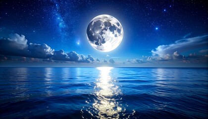 Nightscape of an ocean with a luminous full moon reflecting its glow on the waters, stars, and wispy clouds