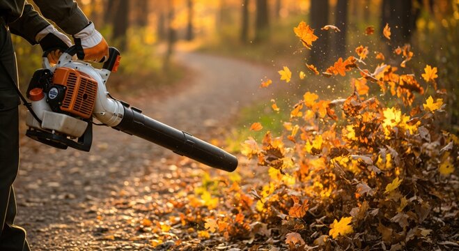 Person in protective gloves operating a powerful leaf blower to clear a path of vibrant autumn leaves during a beautiful golden hour in a park.