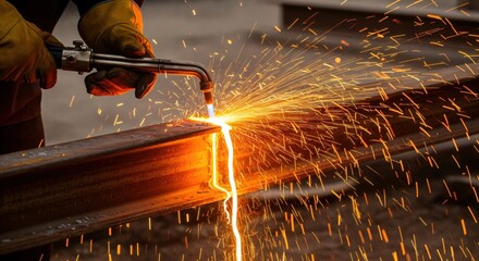 Skilled worker in protective gloves using a cutting torch to slice through a heavy metal beam, generating a shower of bright sparks and molten metal in an industrial environment