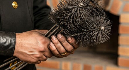 Close-up of a chimney sweep's hands, soiled with soot, holding a collection of wire brushes used for cleaning flues and fireplaces.