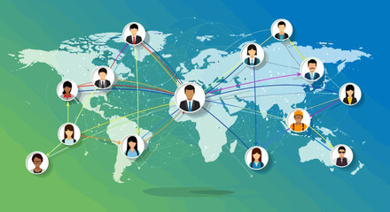 Diverse business avatars connected globally on world map, depicting international communication, networking, collaboration, and social media. Vector illustration.