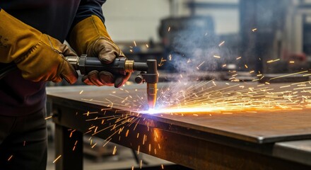 Industrial worker operating a cutting torch on a metal plate, generating a shower of golden sparks and smoke in a manufacturing facility.