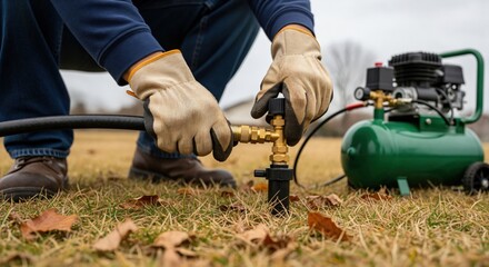 Man in work gloves connecting air compressor hose to outdoor sprinkler system for winterization on a grassy lawn with fallen leaves.