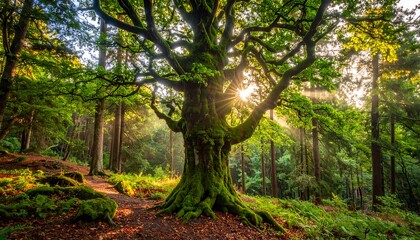 Obraz premium Majestic tree in sunlit forest