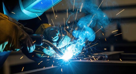 A skilled worker in protective gear performing metal welding with a torch, creating bright sparks and blue smoke in an industrial workshop environment.