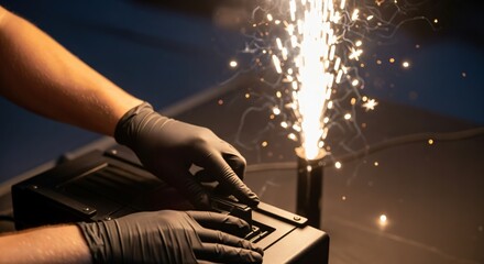 Close-up of gloved hands operating a professional cold spark machine, creating a brilliant fountain of light and pyrotechnic effects for a dynamic event.