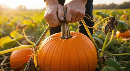 Close-up of a farmer's hands harvesting a large, ripe orange pumpkin from a vibrant field under warm golden hour sunlight during autumn season.