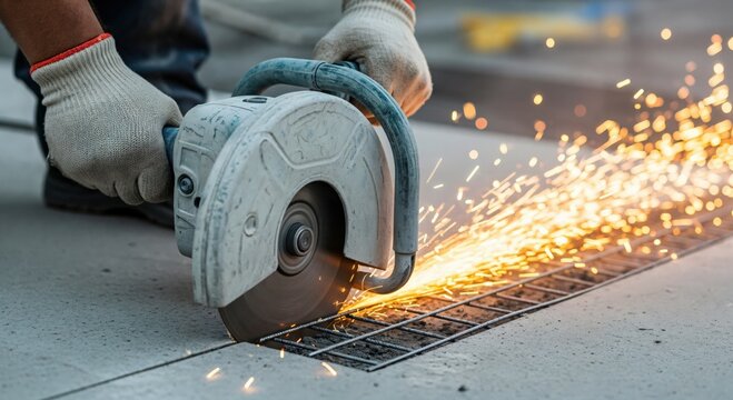 Close-up of a construction worker's gloved hands operating a powerful circular saw to cut metal rebar, generating a vibrant shower of sparks on a concrete surface at a building site. - Powered by Adobe