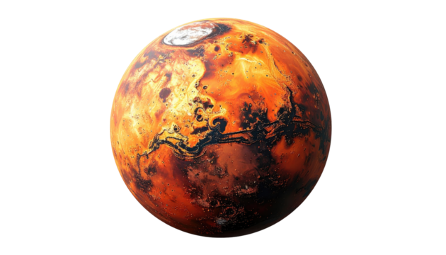 A detailed, round, digitally rendered Mars.  Fiery orange, rusty red tones.  Surface features and textures are visible.  Darker, winding lines and lighter patches