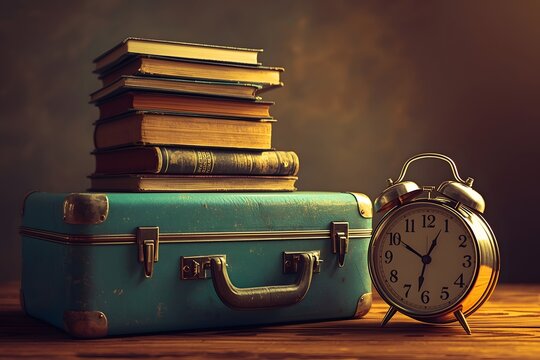 Pile of books and alarm clock over a turquoise suitcase