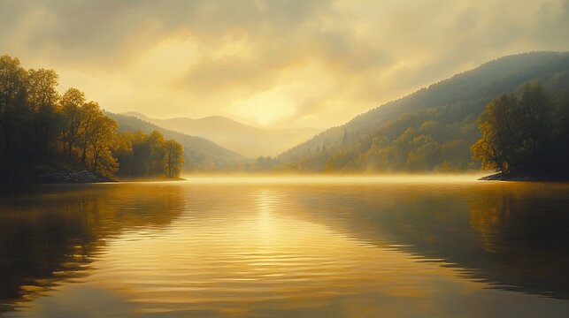 Misty sunrise over calm lake, mountain backdrop; serene nature scene