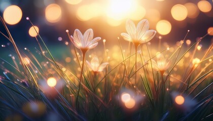 Beautiful Magic Grass Flowers And Fairy Lights Close Up Blurred Background Magical Tone And Feel
