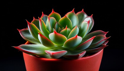 Lush Green Succulent Plant With Red Accents On A Black Background Closeup Of A Vibrant Echeveria Succulent Perfect For Botanical Designs And Natural Themes