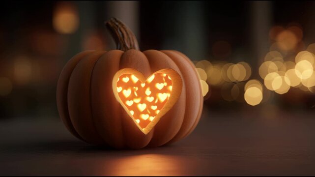 autumn pumpking with a heart carved on the side with heart lights
