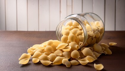 Heap Of Uncooked Shell Pasta With A Glass Jar Close Up