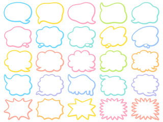 カラフルな輪郭線付きの色々な形の吹き出しのフレームセット