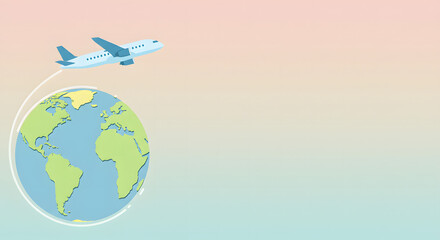 Fototapeta premium Dynamic illustration of an airplane circling a stylized globe, symbolizing international travel, global connectivity, and the journey of exploration across continents with ample copy space