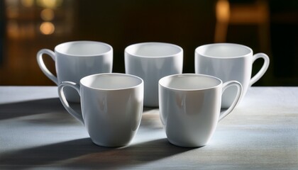 Four White Coffee Cups On A Table