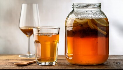 Homemade Kombucha Fermenting In Glass Jar With A Glass Of Kombucha Tea