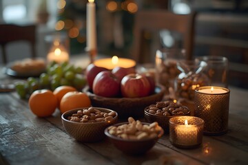 Naklejka premium Cozy winter morning at home with fruits, nuts and candles, selective focus