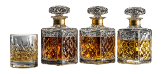 Elegant Glass Decanters with Amber Liquid and Crystal Cut Design on Transparent Background