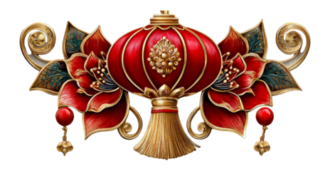 Elegant Red Lantern with Floral Accents on a Transparent Background