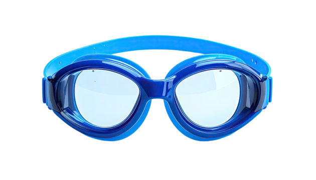 Bright blue swim goggles, front view.  Rounded lenses and strap