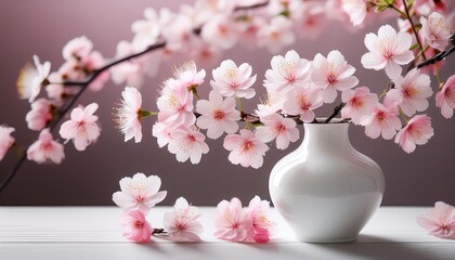 Floral Elegance Delicate Cherry Blossom Branches Adorned With Soft Pink Flowers Gracefully Spill From Pristine White Vases Capturing The Essence Of Springtime Freshness And Natural Beauty