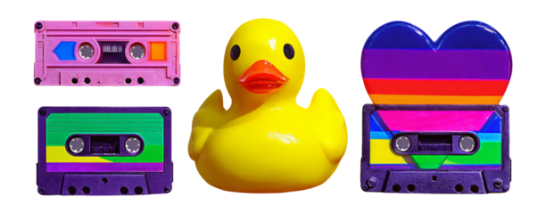 Colorful Retro Cassette Tapes and Rubber Duck on Transparent Background