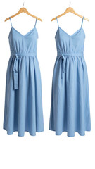 Light blue sleeveless midi dresses on hangers