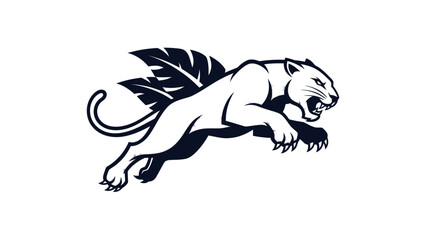 Powerful winged panther leaping forward in black and white.