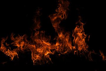 Fire flame burning and fire glowing on black background.