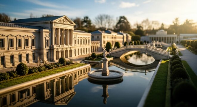 Miniature Model of Classical Style Building and Bridge with Water Reflection in Park Setting