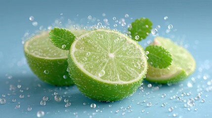 Macro Shot of Lime Slices with Sparkling Bubbles on Light Blue Background Detailed Surface Texture and Vibrant Green Color Close Up View Captivating Freshness